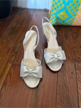 kate spade Muse Slingback Heels in Gold/Liquid Suede with Bow